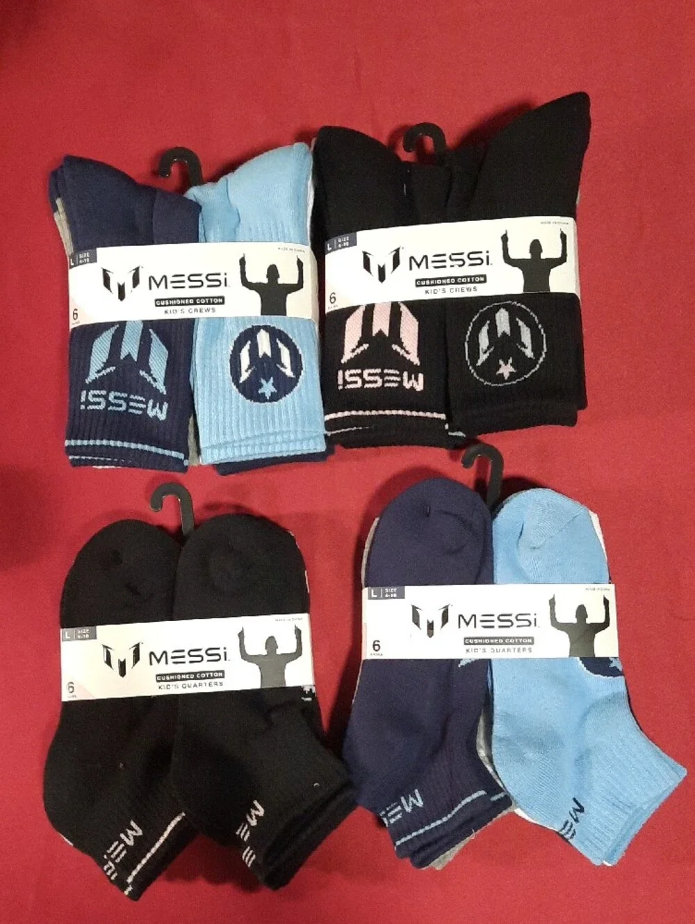 MESSI Kids Cushioned Socks 4 Packs Of 6 Pairs- 24 Pair Black, Navy, Light Blue
